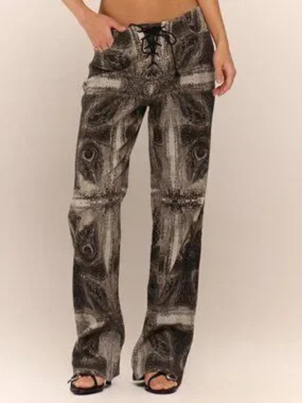 Mocha Brown Casual Women's Peacock Print Lace Up Straight Leg Printed Jeans